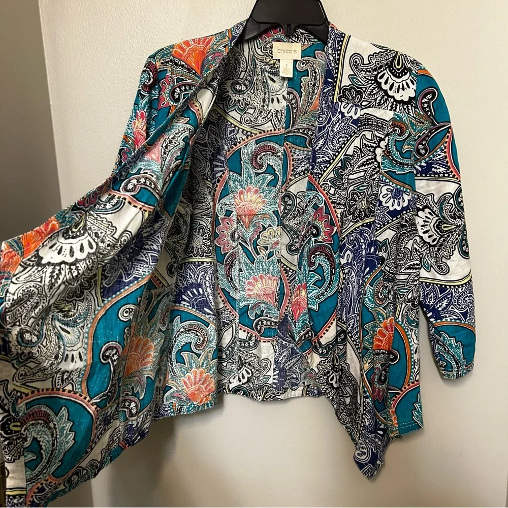 Chicos Linen Jacket Womens 1 US Blue Paisley Open‎ Front 3/4 Sleeves Lagenlook